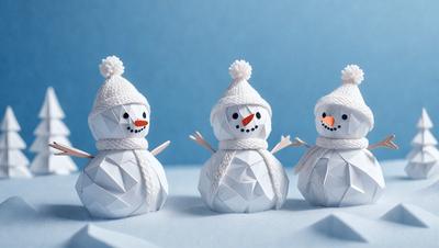 The primary subject of the image is a group of three snowmen, each wearing a knitted hat. They are standing on a white surface, which could be snow or a white sheet. The visual style of the image is a combination of photo and digital art, as it appears to be a photograph of a digital artwork. The colors and mood of the image are predominantly white, giving it a clean and cold atmosphere.